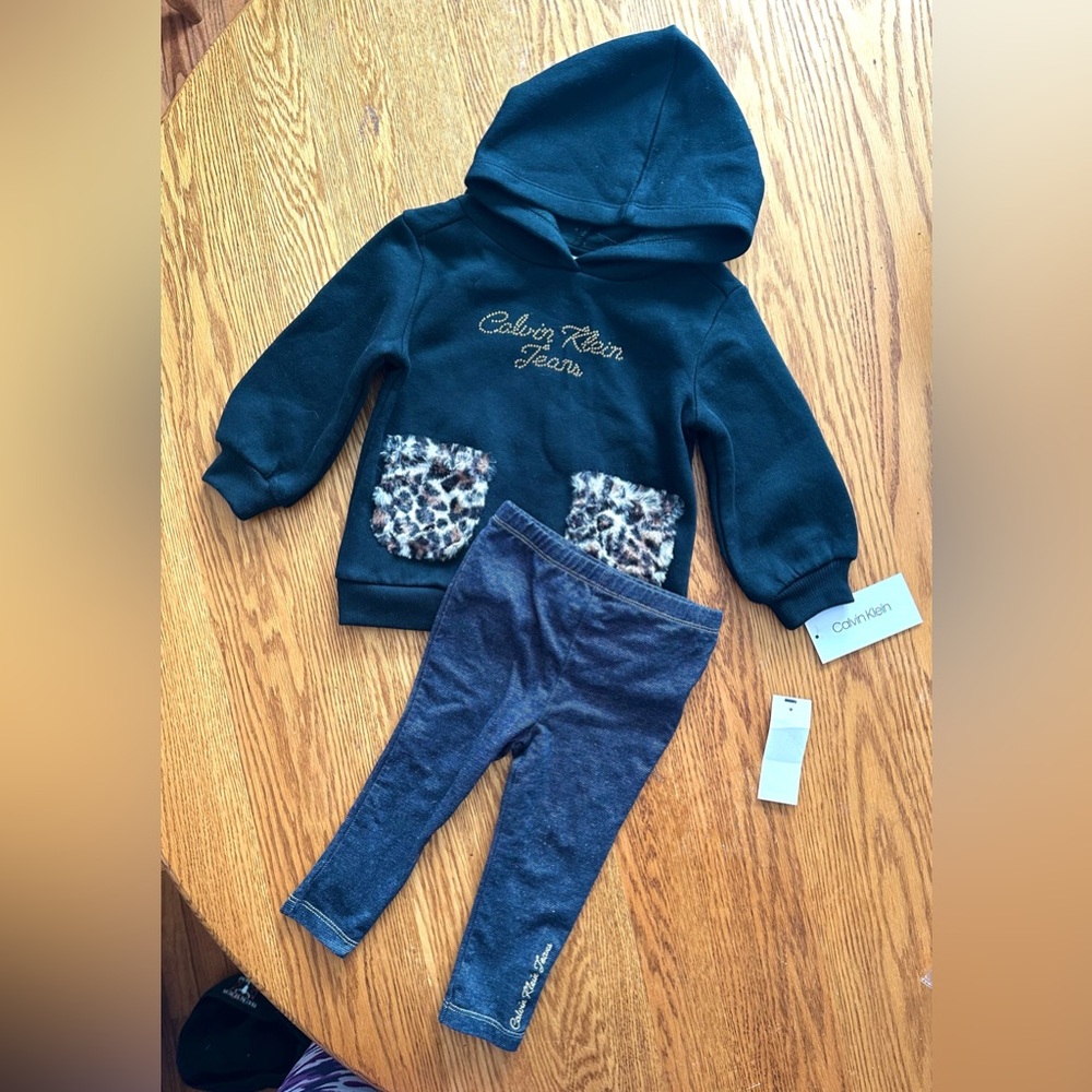 NWT Sz 18m Calvin Klein Black Hoodie w/Animal Print Pockets & Blue Leggings Set